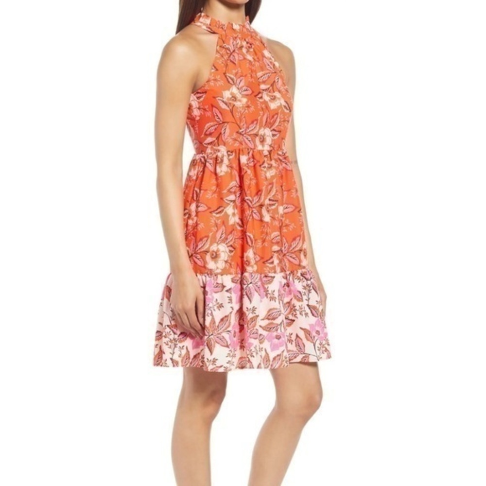 Floral High Neck Fit & Flare Dress orange pink floral